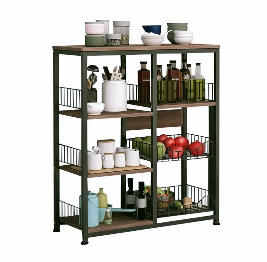 Picture of Kitchen Baker's Rack, Utility Microwave Oven Stand with Storage Cabinet Free Standing Kitchen Shelves Organizers Storage Cart Workstation Shelf for Home - Black