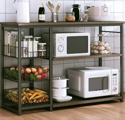 Picture of Metal Kitchen Storage Baker's Rack with board  Table - Microwave Stand & Organizer Rack for Efficient Kitchen Island Storage,A,100cm - Black