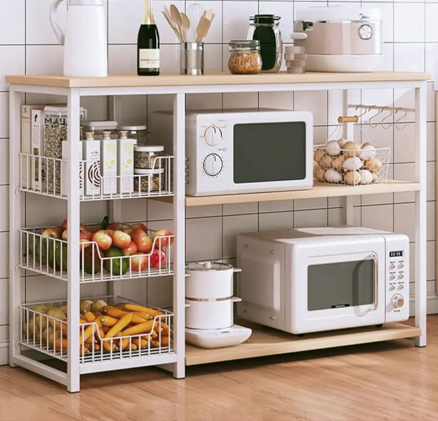 Picture of Metal Kitchen Storage Baker's Rack with board  Table - Microwave Stand & Organizer Rack for Efficient Kitchen Island Storage,A,100cm - Black