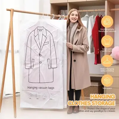 Picture of Hanging Vacuum Compression Storage Bag + Hand Pump for Jacket, Quilt, Coats, Suits, Dresses etc. Travel organizer for luggage, Large Capacity Wardrobe Organizer for Clothes | Space Saver | Reusable Dustproof Wardrobe Bag