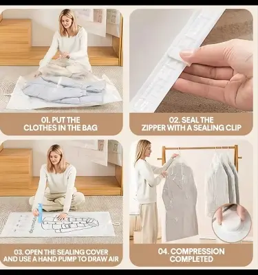 Picture of Hanging Vacuum Compression Storage Bag + Hand Pump for Jacket, Quilt, Coats, Suits, Dresses etc. Travel organizer for luggage, Large Capacity Wardrobe Organizer for Clothes | Space Saver | Reusable Dustproof Wardrobe Bag