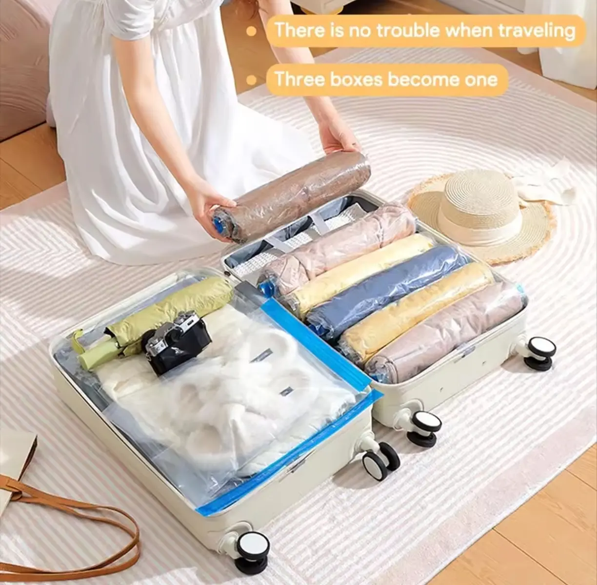 Picture of Hanging Vacuum Compression Storage Bag + Hand Pump for Jacket, Quilt, Coats, Suits, Dresses etc. Travel organizer for luggage, Large Capacity Wardrobe Organizer for Clothes | Space Saver | Reusable Dustproof Wardrobe Bag