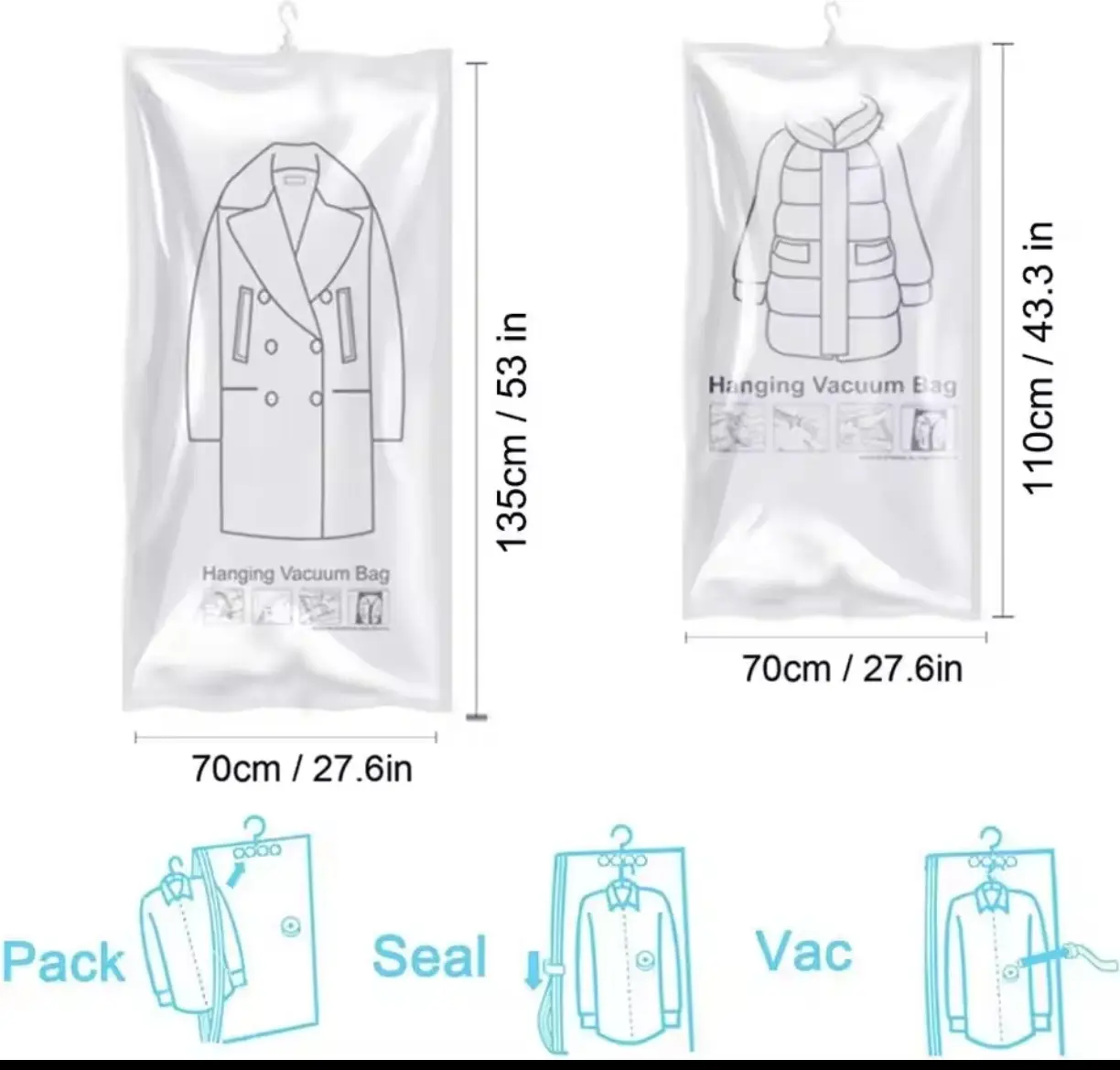Picture of Hanging Vacuum Compression Storage Bag + Hand Pump for Jacket, Quilt, Coats, Suits, Dresses etc. Travel organizer for luggage, Large Capacity Wardrobe Organizer for Clothes | Space Saver | Reusable Dustproof Wardrobe Bag