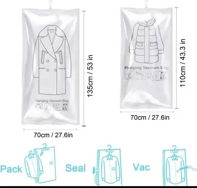 Picture of Hanging Vacuum Compression Storage Bag + Hand Pump for Jacket, Quilt, Coats, Suits, Dresses etc. Travel organizer for luggage, Large Capacity Wardrobe Organizer for Clothes | Space Saver | Reusable Dustproof Wardrobe Bag