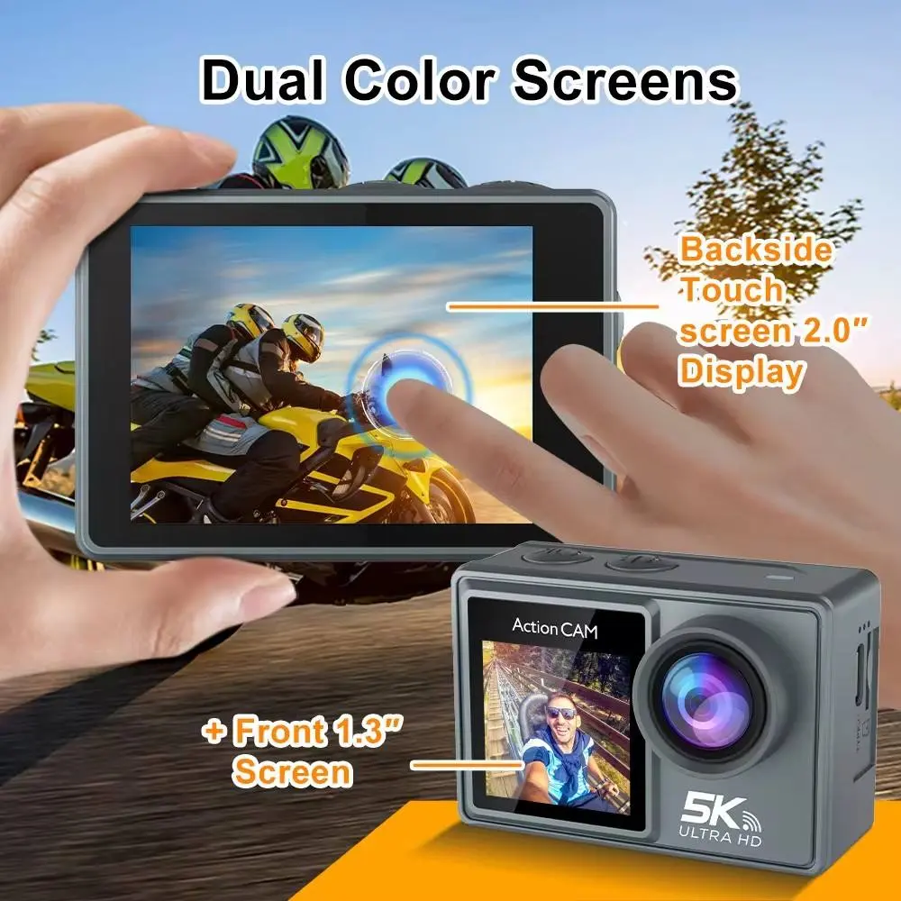 Picture of AUSEK M40TR  Ultra HD TOUCH Screen DUEL SCREEN AUSEK M40TR Action Camera 5K 30fps  AT-M40TR  BATTERY 2 PICES 1050 mAh  5K/4K Waterproof Action Camera With Extranal Microphone and Remote