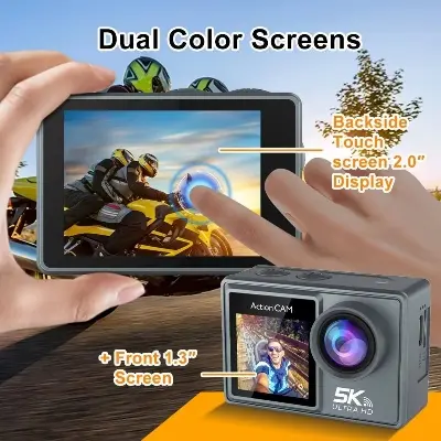 Picture of AUSEK M40TR  Ultra HD TOUCH Screen DUEL SCREEN AUSEK M40TR Action Camera 5K 30fps  AT-M40TR  BATTERY 2 PICES 1050 mAh  5K/4K Waterproof Action Camera With Extranal Microphone and Remote