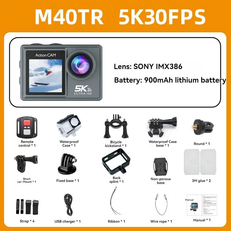 Picture of AUSEK M40TR  Ultra HD TOUCH Screen DUEL SCREEN AUSEK M40TR Action Camera 5K 30fps  AT-M40TR  BATTERY 2 PICES 1050 mAh  5K/4K Waterproof Action Camera With Extranal Microphone and Remote