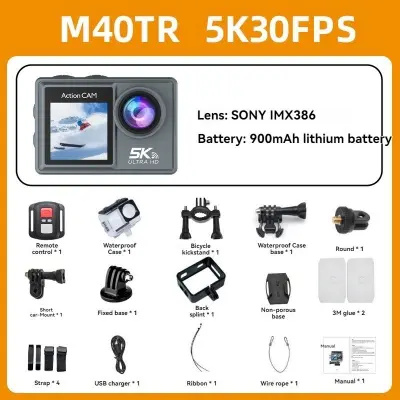 Picture of AUSEK M40TR  Ultra HD TOUCH Screen DUEL SCREEN AUSEK M40TR Action Camera 5K 30fps  AT-M40TR  BATTERY 2 PICES 1050 mAh  5K/4K Waterproof Action Camera With Extranal Microphone and Remote