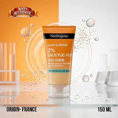 Picture of Neutrogena Clear & Defend 2% Salicylic Acid Face Scrub 150ml – Anti-Acne Exfoliating Cleanser (FR) - White