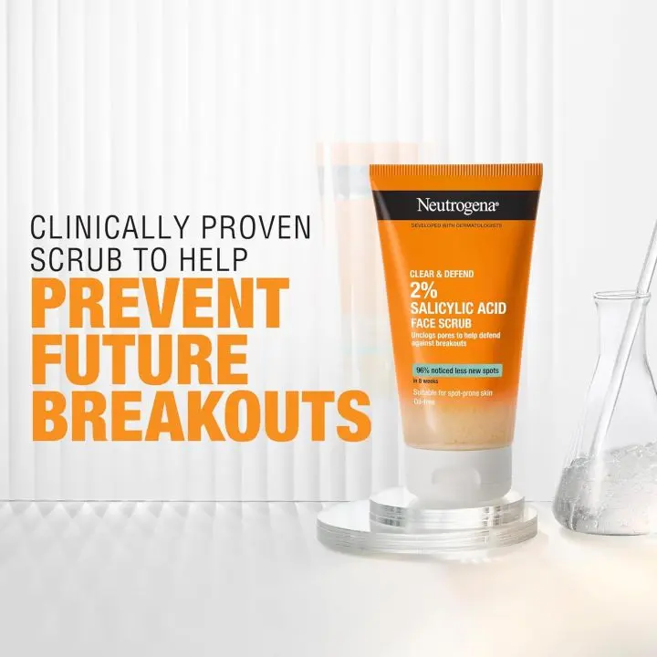 Picture of Neutrogena Clear & Defend 2% Salicylic Acid Face Scrub 150ml – Anti-Acne Exfoliating Cleanser (FR) - White