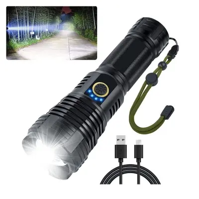Picture of Rechargeable Waterproof Zoom LED Flashlight USB Torch Light -Black