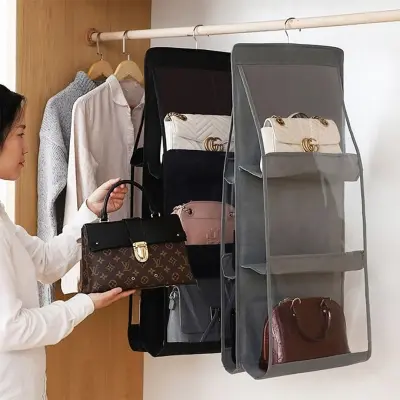 Picture of 6 Pocket Foldable Hanging Bag 3 Layers Folding Shelf Bag Purse Handbag Organizer Door Sundry Pocket Hanger Storage Closet Hanger