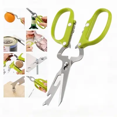 Picture of 10 in 1 Detachable Scissors Stainless Steel Detachable Multifunctional Stainless Poultry Kitchen Nutcracker Bottle opener Bone- Light Green -Multicolor