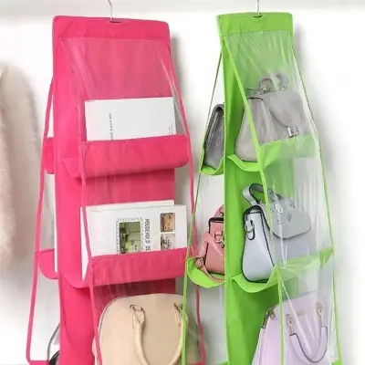Picture of 6 Pocket Foldable Hanging Bag 3 Layers Folding Shelf Bag Purse Handbag Organizer Door Sundry Pocket Hanger Storage Closet Hanger