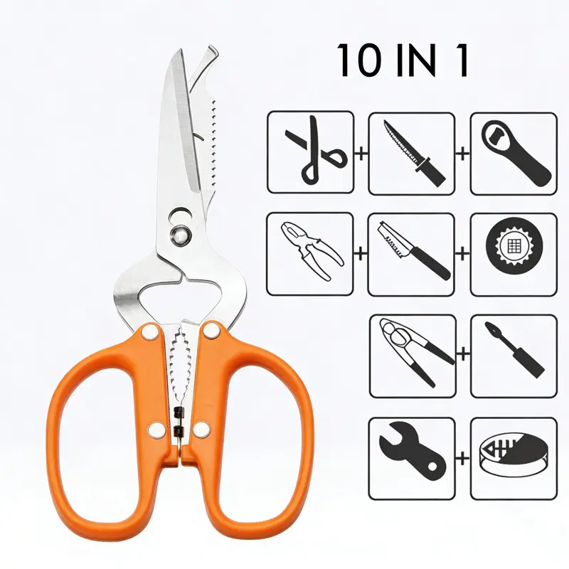 Picture of 10 in 1 Detachable Scissors Stainless Steel Detachable Multifunctional Stainless Poultry Kitchen Nutcracker Bottle opener Bone- Light Green -Multicolor