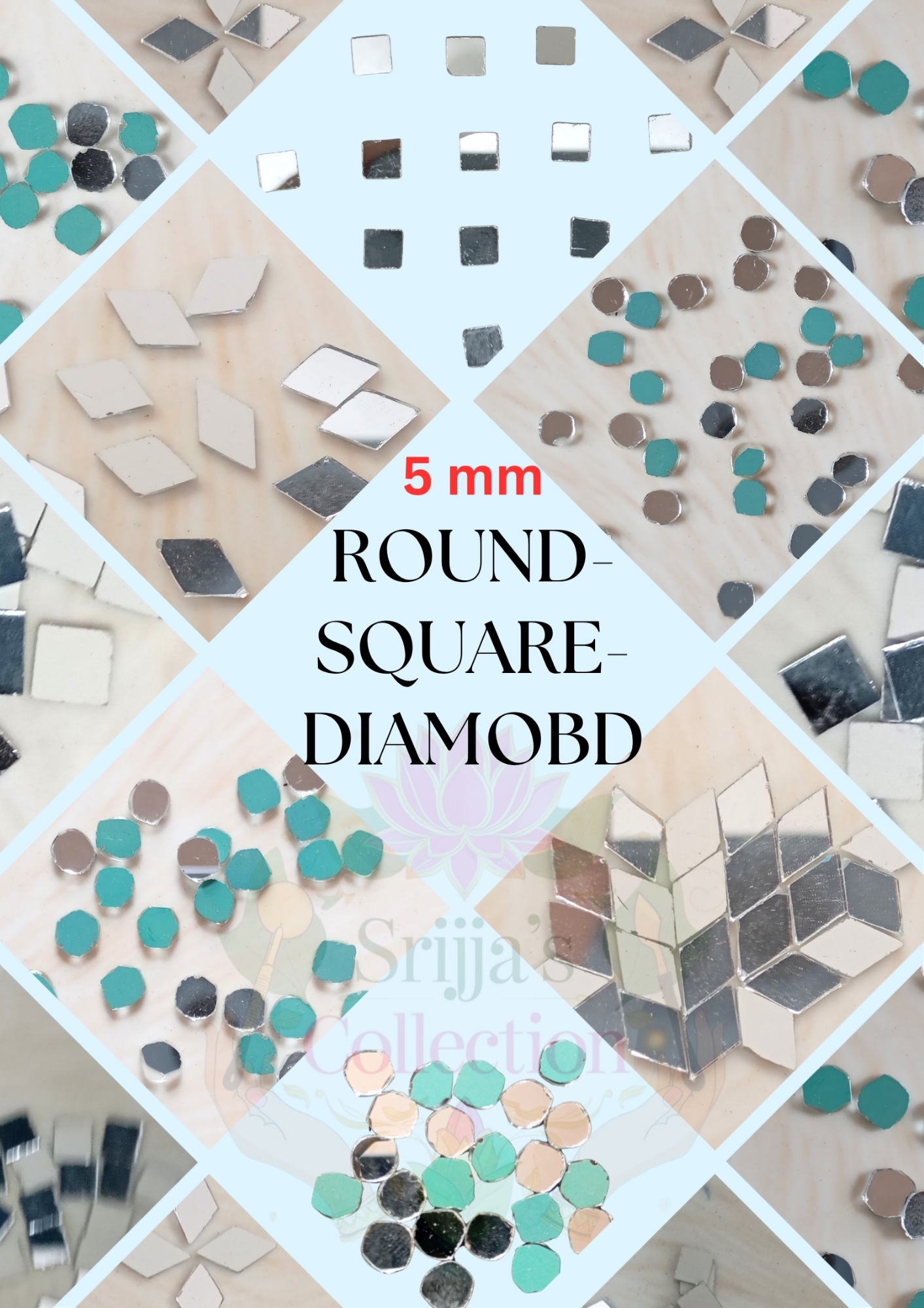 Picture of 5 mm Square/Round/Diamond Shape Glass Craft Mirror for Crafts Lippon Art Embroidery works Arts and Crafts (300 pcs)