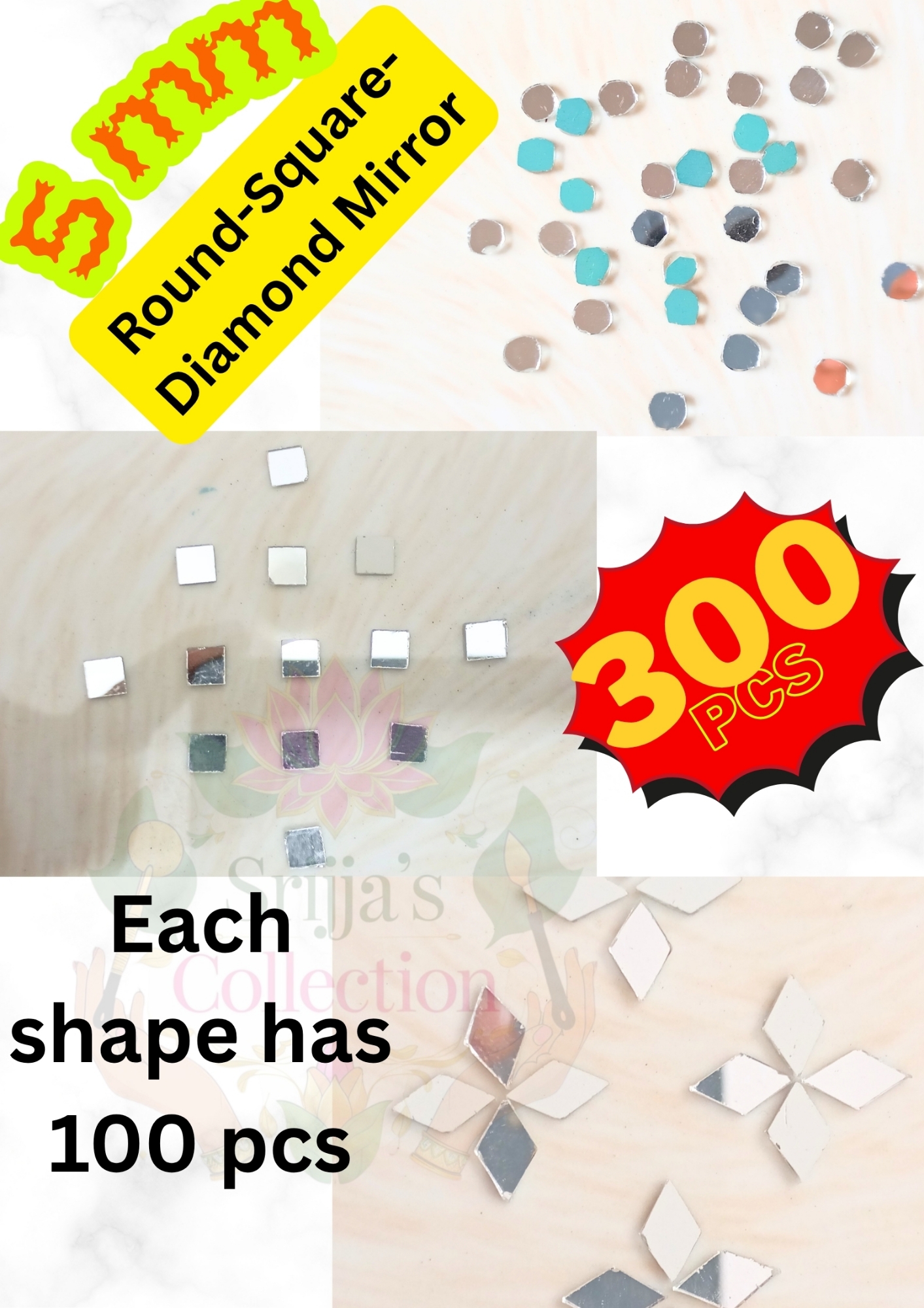 Picture of 5 mm Square/Round/Diamond Shape Glass Craft Mirror for Crafts Lippon Art Embroidery works Arts and Crafts (300 pcs)