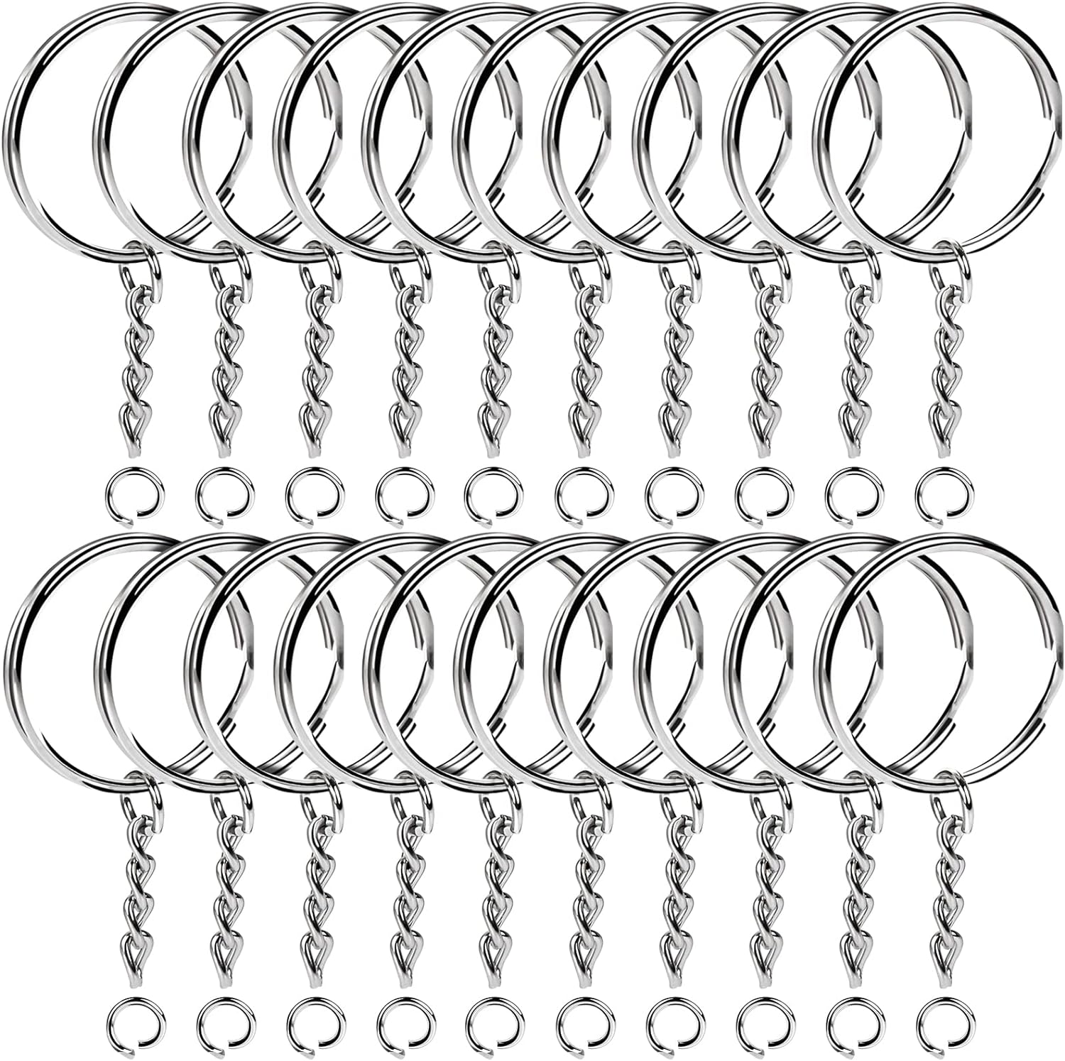Picture of 12 pieces Key Rings with Chain Metal Split Rings for Crafts 25mm with 30 mm Chains Open Jump Ring