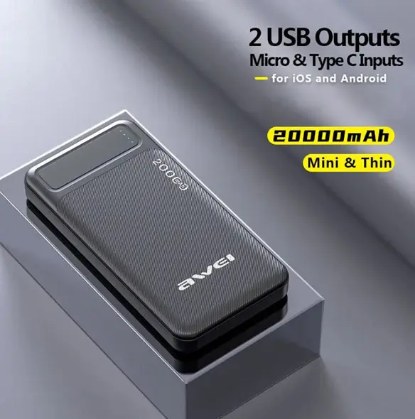 Picture of Awei P6K 20000mAh Fast Charging Dual USB Port Powerbank Micro USB and Type C Input Power Bank Black(Black)