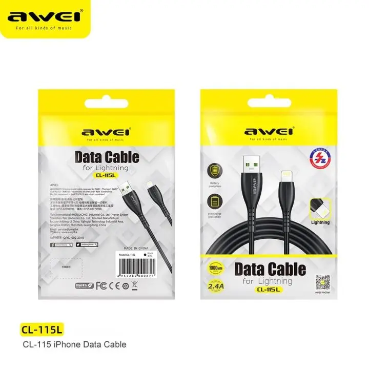 Picture of Awei CL-115L Data Cable for Lightning 2.4A Fast Charging Cable(Black)