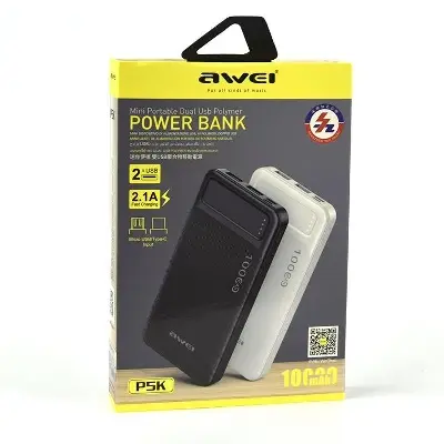 Picture of AWEI P5K Portable Power Bank 10000mAh Power bank Dual USB A Type c Micro Dual input Fast Charge Travel Power bank(Black)