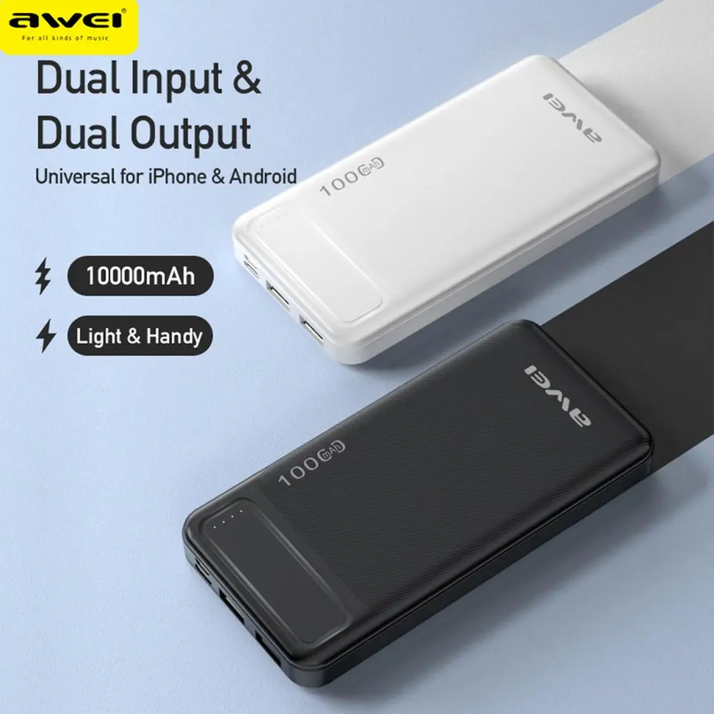 Picture of AWEI P5K Portable Power Bank 10000mAh Power bank Dual USB A Type c Micro Dual input Fast Charge Travel Power bank(Black)