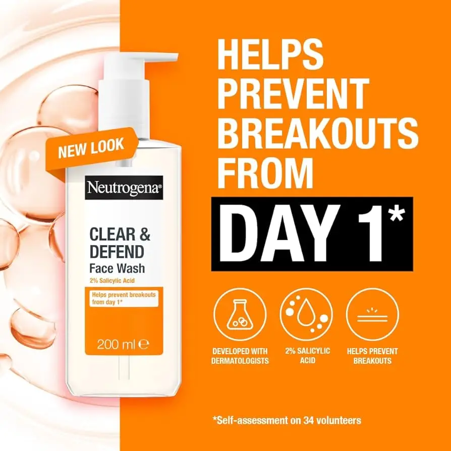 Picture of NEUTROGENA Clear & Defend 2% Salicylic Acid Face Wash 200ml - Oil Free Face Wash