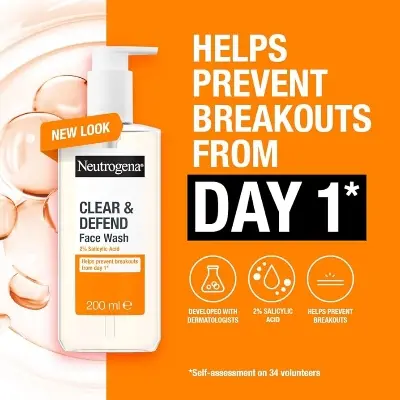 Picture of NEUTROGENA Clear & Defend 2% Salicylic Acid Face Wash 200ml - Oil Free Face Wash