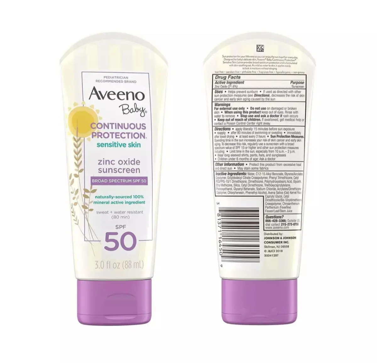Picture of Aveeno Baby Continuous Protection Sensitive Skin Zinc Oxide Sunscreen Broad Spectrum SPF 50 (88mL)