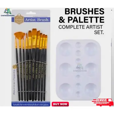Picture of Keep Smiling 12 Pcs Artist Paint Brush Set with Mixing Palette - Nylon Hair Wooden Handle Kit Keep Smiling 12 Brushes + Palette Combo   Complete Painting Set - 12 Brushes & Palette for Acrylic/Oil/Water