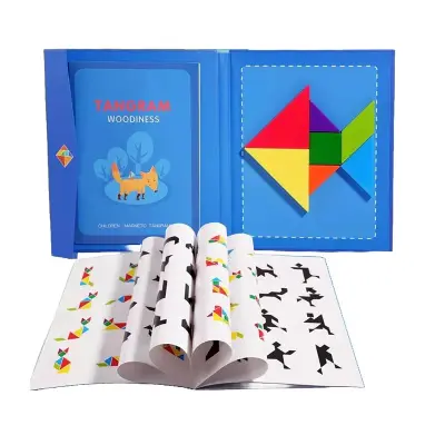 Picture of Magnetic Wooden Tangram Puzzle Book - Educational Brain Teaser Toy for Kids & Adults - Travel Friendly Logic Game