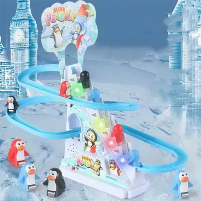 Picture of Penguin Race Set with Flashing Lights & Music On/Off Button for Quiet Play, Jolly Penguin Slide PlaysetChildren's Puzzle Toy Rail Slide Penguin Climbing Stairs Toy