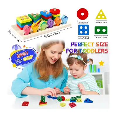 Picture of Wooden Stacking Toys, Shape Sorting Board & Wooden Toddler Fishing Toys, Shape Color Recognition Blocks Matching Puzzle Preschool Learning Toys for Kids Boys & Girls