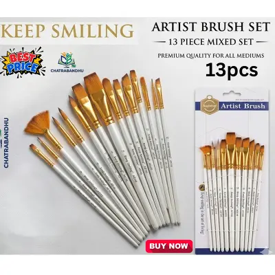 Picture of Keep Smiling 13 Pcs Artist Paint Brush Set (A6145) - Nylon Hair Wooden Handle Brushes for Acrylic & Watercolor Keep Smiling 13 Pcs Mix Brush Set  Complete 13-Piece Artist Brush Kit - Flat, Round & Fan Brushes