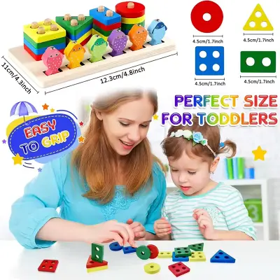 Picture of Wooden Stacking Toys, Shape Sorting Board & Wooden Toddler Fishing Toys, Shape Color Recognition Blocks Matching Puzzle Preschool Learning Toys for Kids Boys & Girls