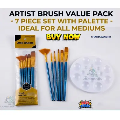 Picture of Artist Brush Value Pack - 7 Pcs Paint Brushes with Mixing Palette for Acrylic & Watercolor Complete Art Set - 7 Blue Handle Brushes + Palette (Ideal for All Mediums)