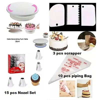 Picture of Cake Decorating Turntable Combo - 28cm Stand, 12 Nozzles, 10 Piping Bags & 3 Scrappers  : 4-in-1 Cake Decorating Kit with Turntable  Ultimate Baking Combo - Turntable, Nozzles & Tools Set