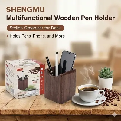 Picture of Shengmu Wooden Pen Holder (FS-1001) - Premium MDF Desk Organizer for Office & Study - Pen, Mobile & Card Stand