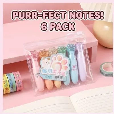 Picture of Cat Paw Mini Highlighters (Set of 6) - Cute Capsule Shaped Marker Pens with Chisel Tip for School & Journaling