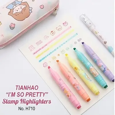 Picture of Tianhao Dual-Tip Stamp Highlighters (Model H710) - Set of 6 Pastel Marker Pens with Cute Seals - 'I'm So Pretty' Series