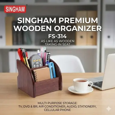Picture of Full Title: Singham Wooden Style Desk Organizer & Pen Holder (FS-314) - Multifunctional Office Stationery Stand for Mobile & Remote