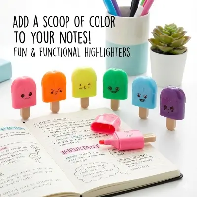 Picture of Ice Cream Popsicle Highlighters (Set of 6) - Cute Mini Marker Pens with Chisel Tip for School & Return Gifts