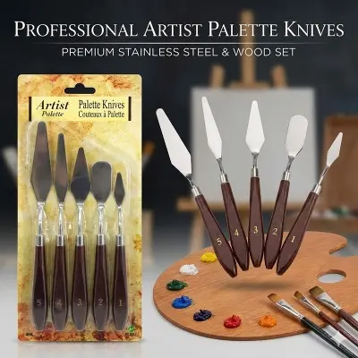 Picture of Artist Palette Knife Set (5 Pcs) - Stainless Steel Spatula with Wooden Handle for Oil & Acrylic Painting,Professional Painting Knife Set - 5 Pcs Stainless Steel Spatulas