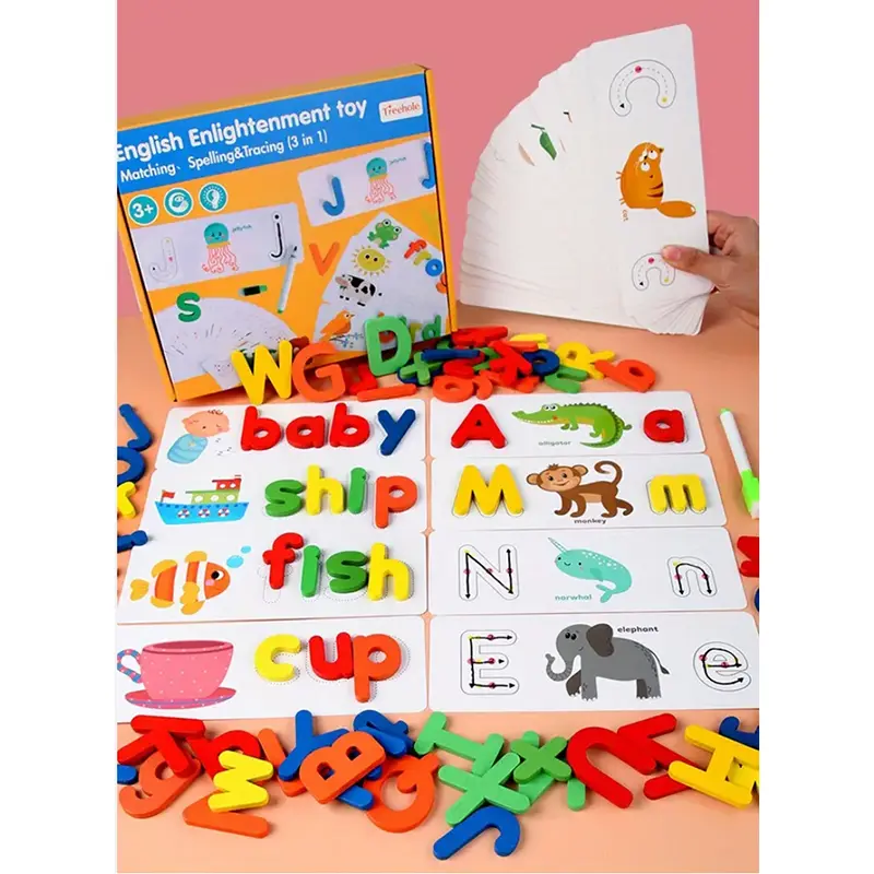Picture of Wooden Spelling Game Toy with Flash Cards - Montessori Letter Matching & Sight Words Learning Gift for Preschool Kids (3-5 Years),Learn to Spell - Montessori Wooden Flash Card Puzzle