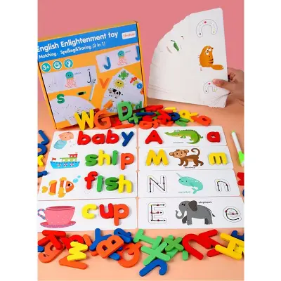 Picture of Wooden Spelling Game Toy with Flash Cards - Montessori Letter Matching & Sight Words Learning Gift for Preschool Kids (3-5 Years),Learn to Spell - Montessori Wooden Flash Card Puzzle