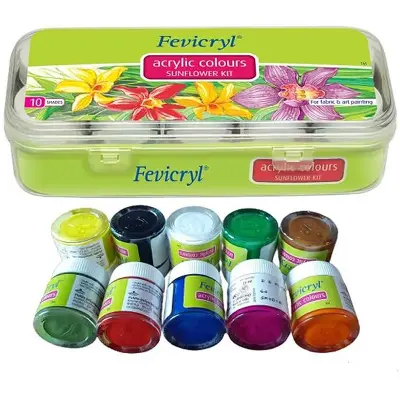 Picture of ORGINAL Fevicryl Acrylic Colours Sunflower Kit (10 Shades x 15ml) - DIY Fabric & Multi-Surface Painting Set
