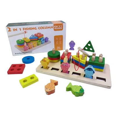 Picture of Wooden Stacking Toys, Shape Sorting Board & Wooden Toddler Fishing Toys, Shape Color Recognition Blocks Matching Puzzle Preschool Learning Toys for Kids Boys & Girls