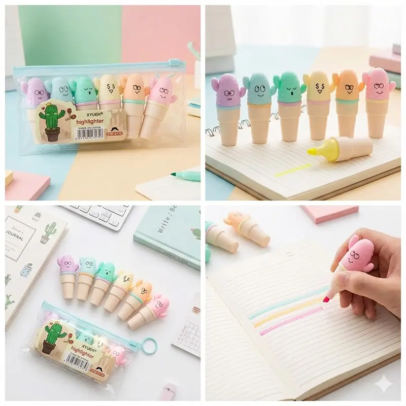 Picture of XYUEH Cactus Mini Highlighters (Set of 6) - Model XYH-3175 - Cute Capsule Marker Pens for School & Journaling