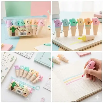 Picture of XYUEH Cactus Mini Highlighters (Set of 6) - Model XYH-3175 - Cute Capsule Marker Pens for School & Journaling