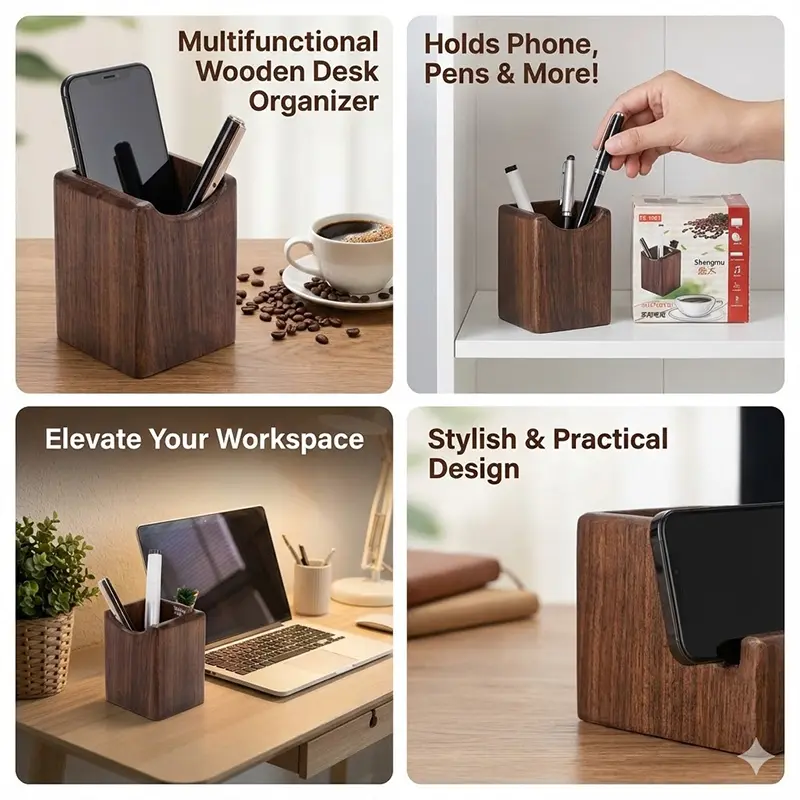 Picture of Shengmu Wooden Pen Holder (FS-1001) - Premium MDF Desk Organizer for Office & Study - Pen, Mobile & Card Stand